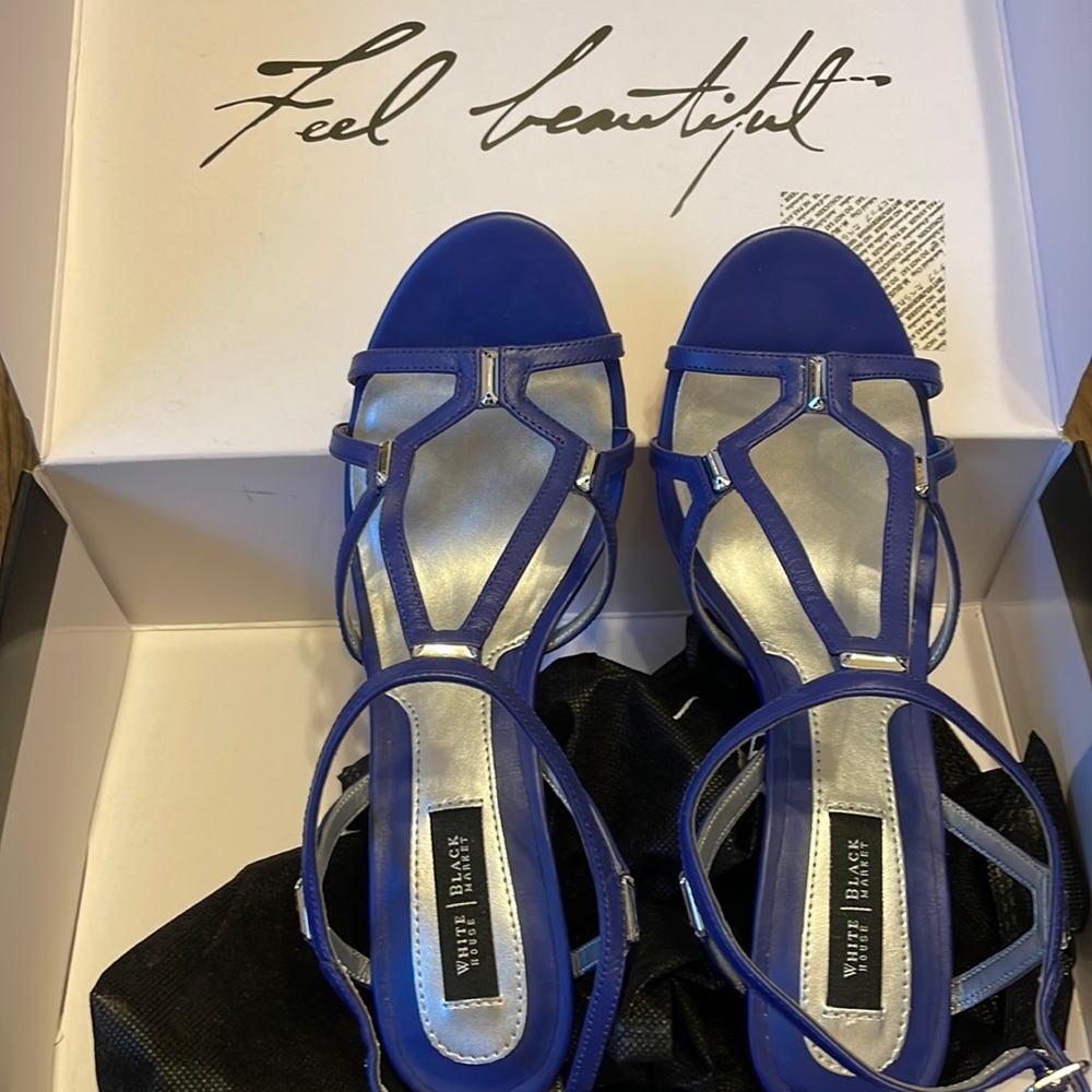 White House Black Market Strappy Heels, Indigo Size 7